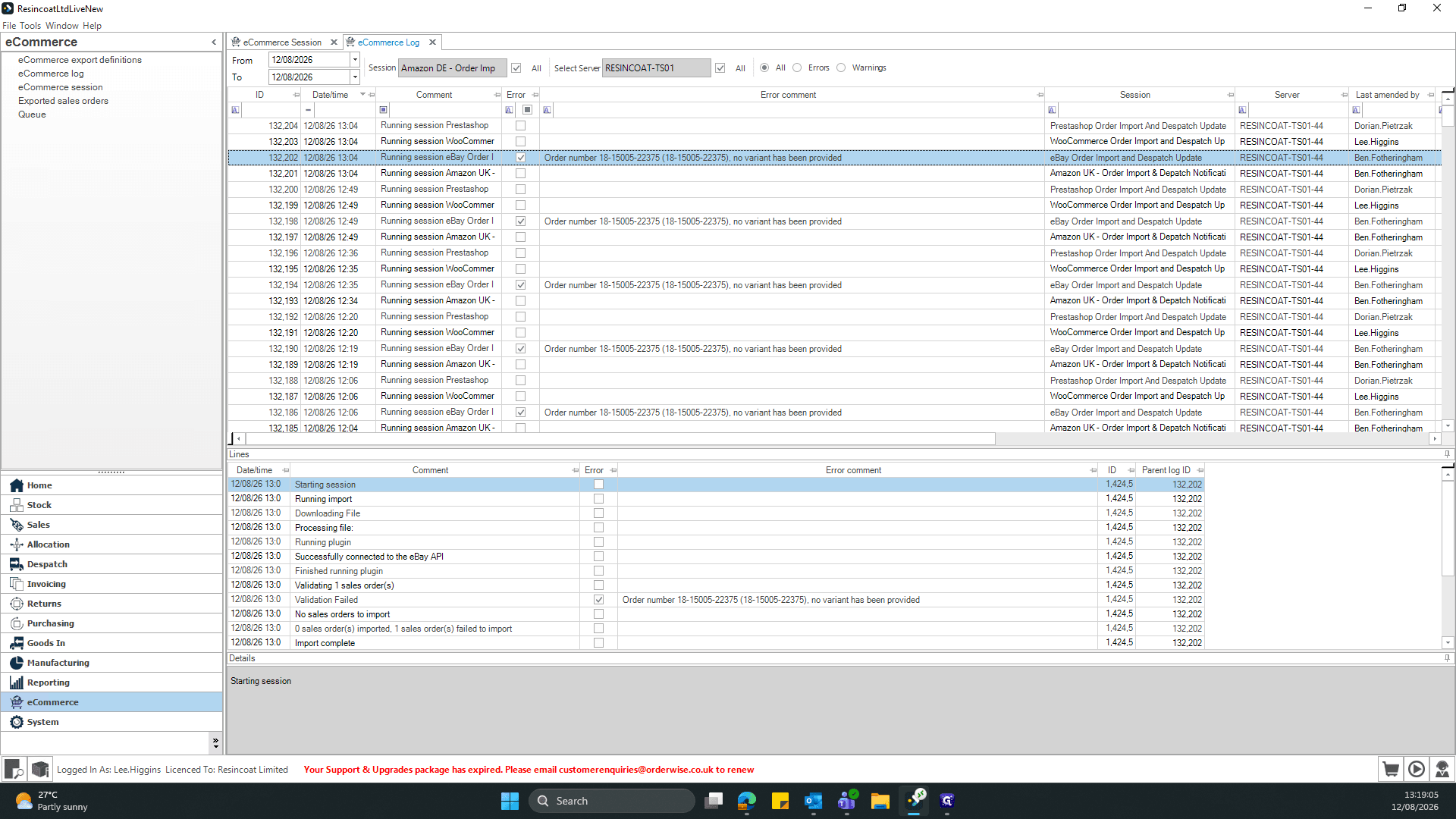 Step #4: Locate and select the session log entry for the problematic order in the main data grid.