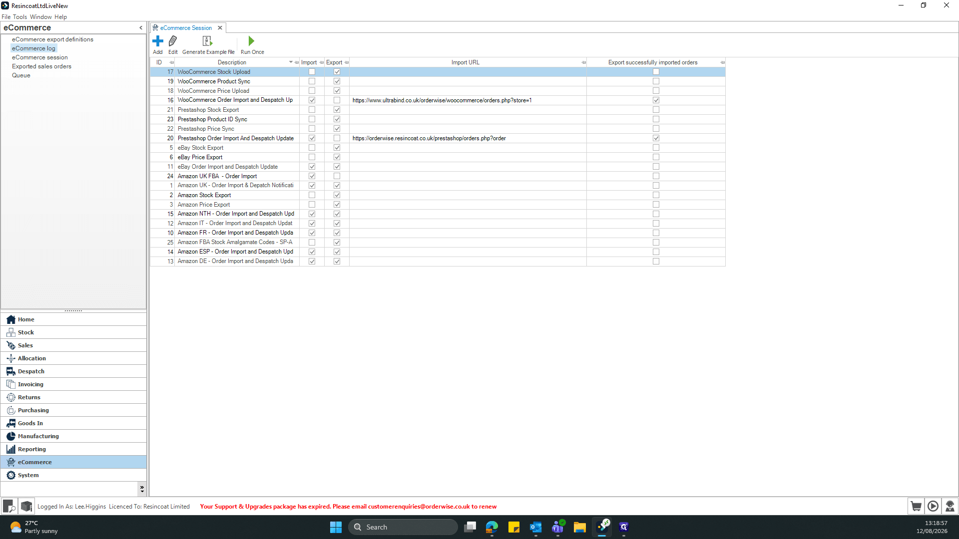 Step #2: Select eCommerce log from the session management window.