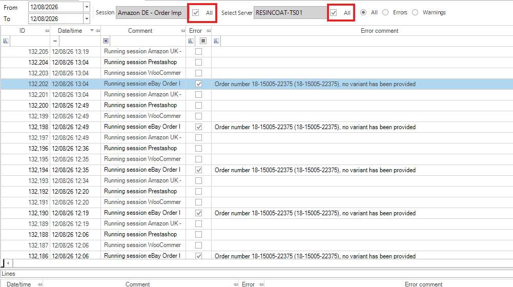 Step #3: Select "All" and "All" - Both tickboxes - At the top of the screen to pull through all session errors.