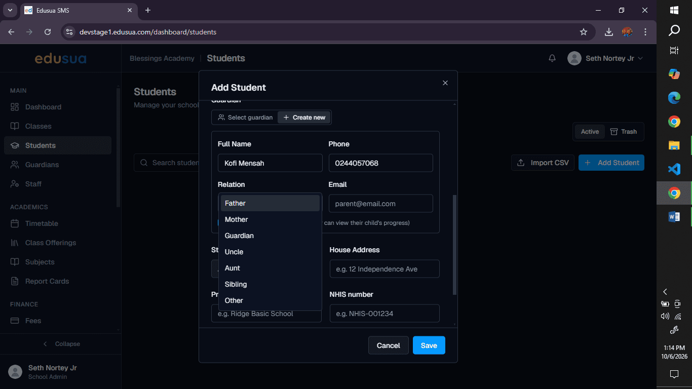 Step #4: Click the Relation dropdown and select Father.