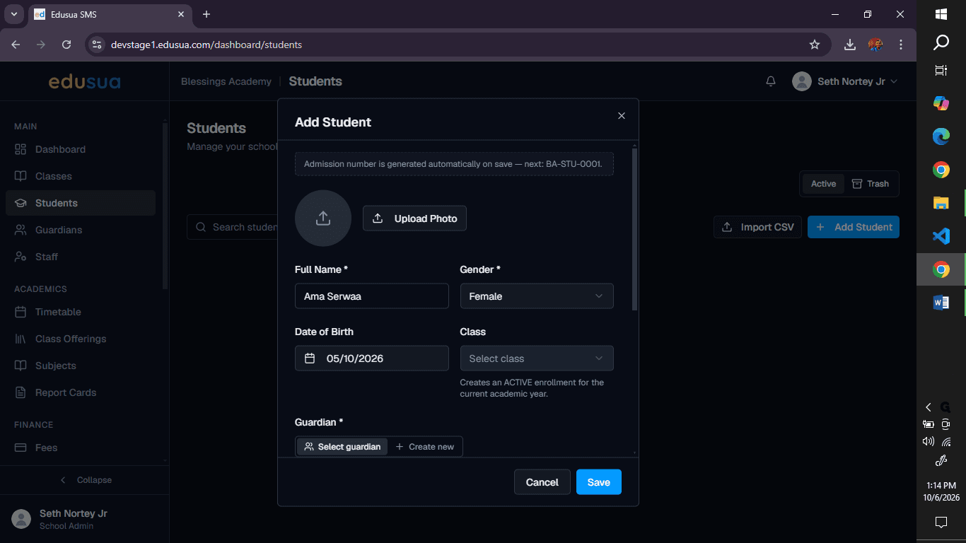Step #4: Click the Select class dropdown and choose the student's class.