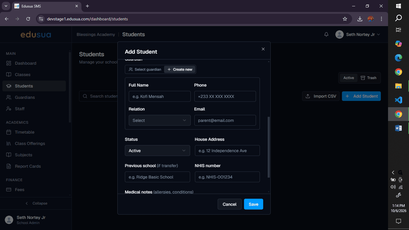 Step #2: Type the guardian's name into the Full Name field.