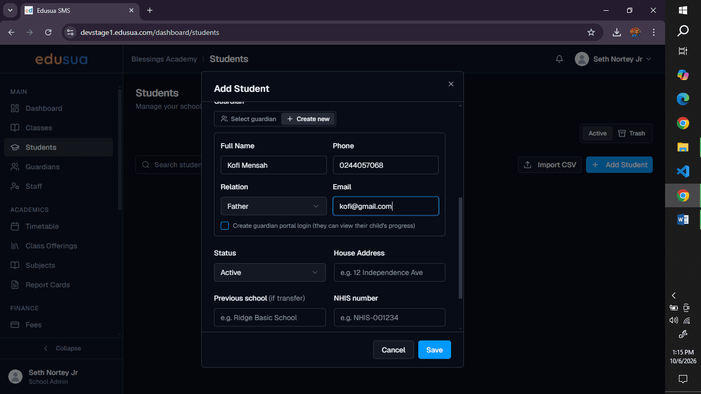 Step #6: Click the Create guardian portal login (they can view their child's progress) checkbox.