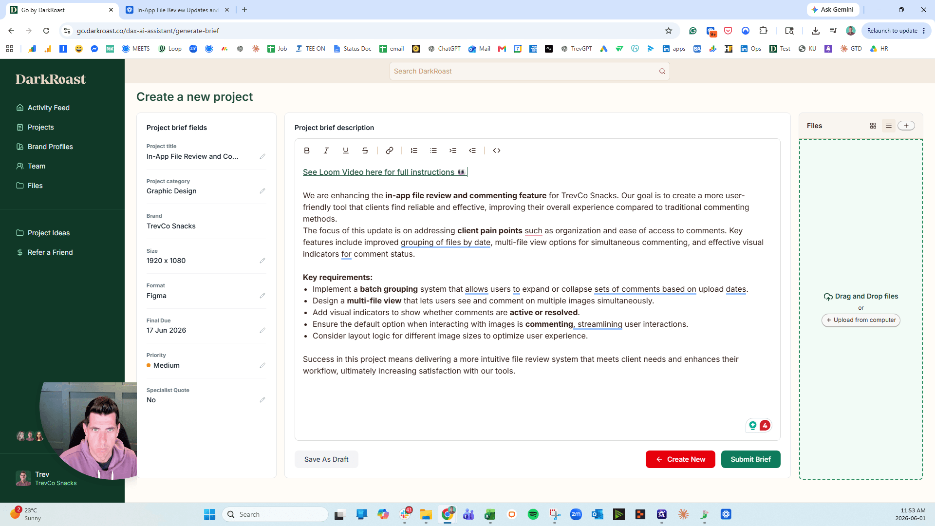 Step #8: Review the remaining project details on the left-hand side, adjusting the format, size, or uploading additional files as needed.