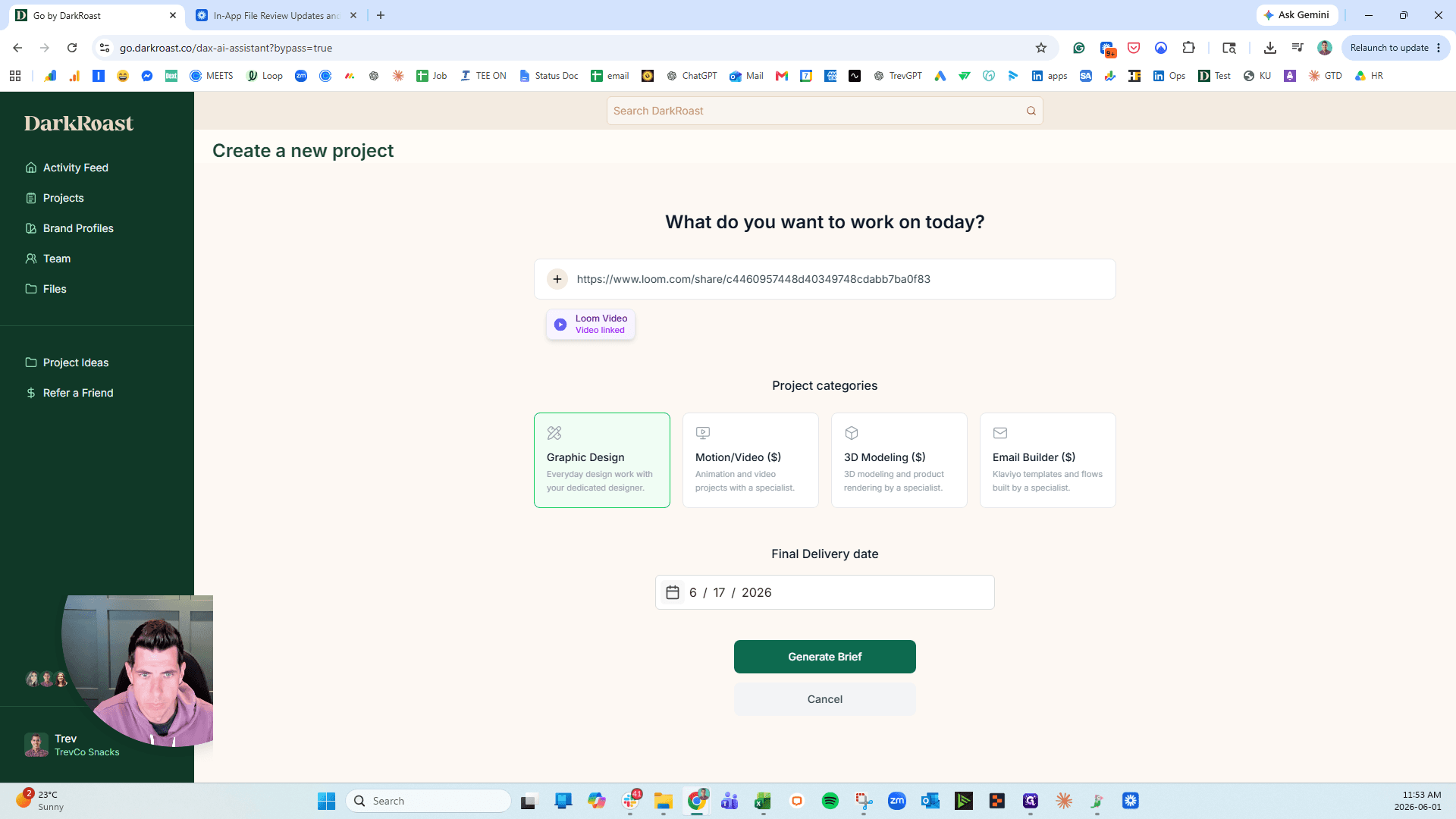 Step #7: Click Generate Brief to automatically transcribe the video and populate your project instructions.