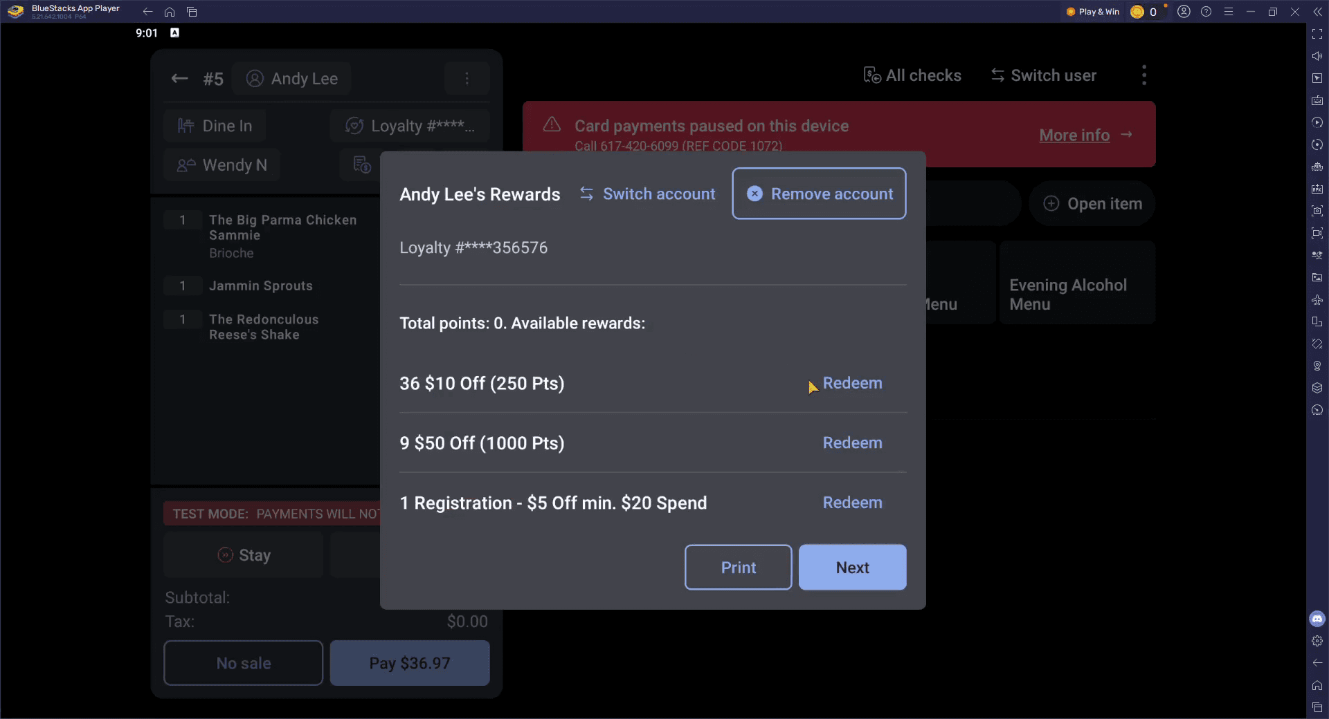 Step #7: If the guest has any applicable* rewards, they will show up on the next screen with a blue "Redeem" button.