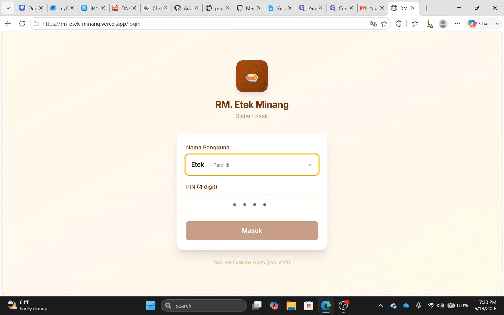 Step #1: Pilih pengguna Etek - Pemilik dari menu dropdown login.