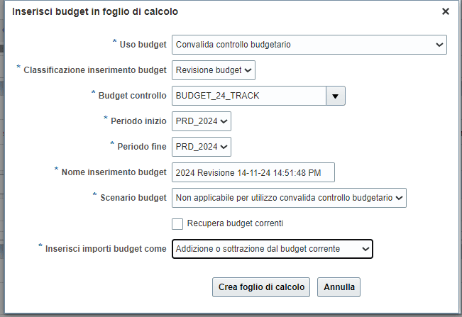 Step #7: Per eseguire il secondo scenario (incremento o decremento di una chiave di origine già inserita o incremento e decremento di una delibera già esistente) compilare i parametri in questo modo: