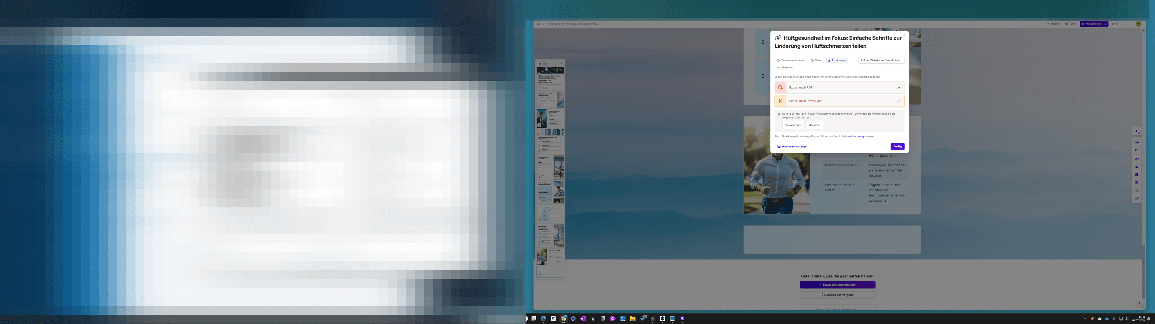 Step #60: Wählen Sie: Export als PDF oder Export als PowerPoint. In der Präsentation verwendete Schriftarten werden angezeigt.