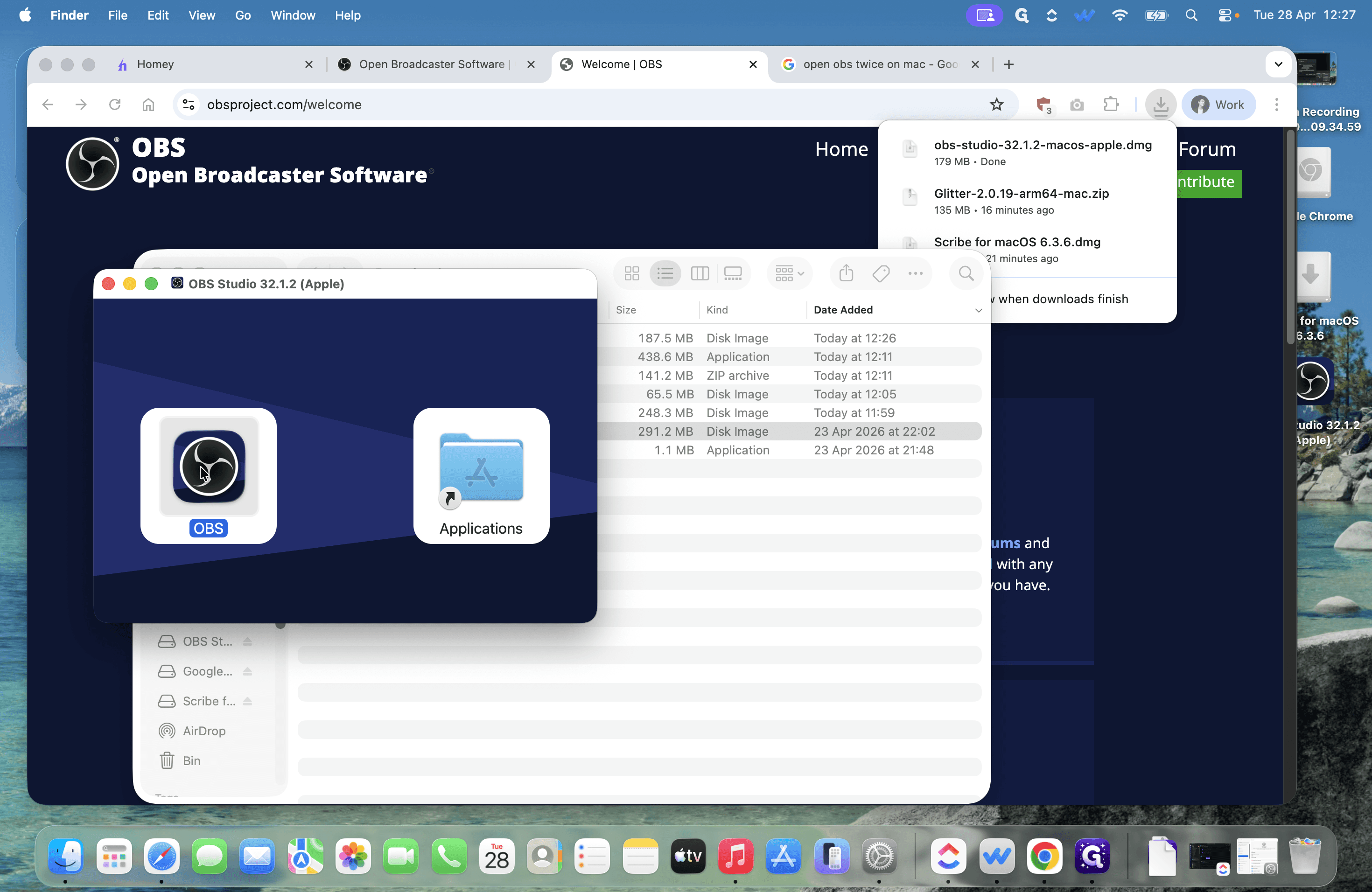 Step #4: Drag the OBS icon into the Applications folder to install it.