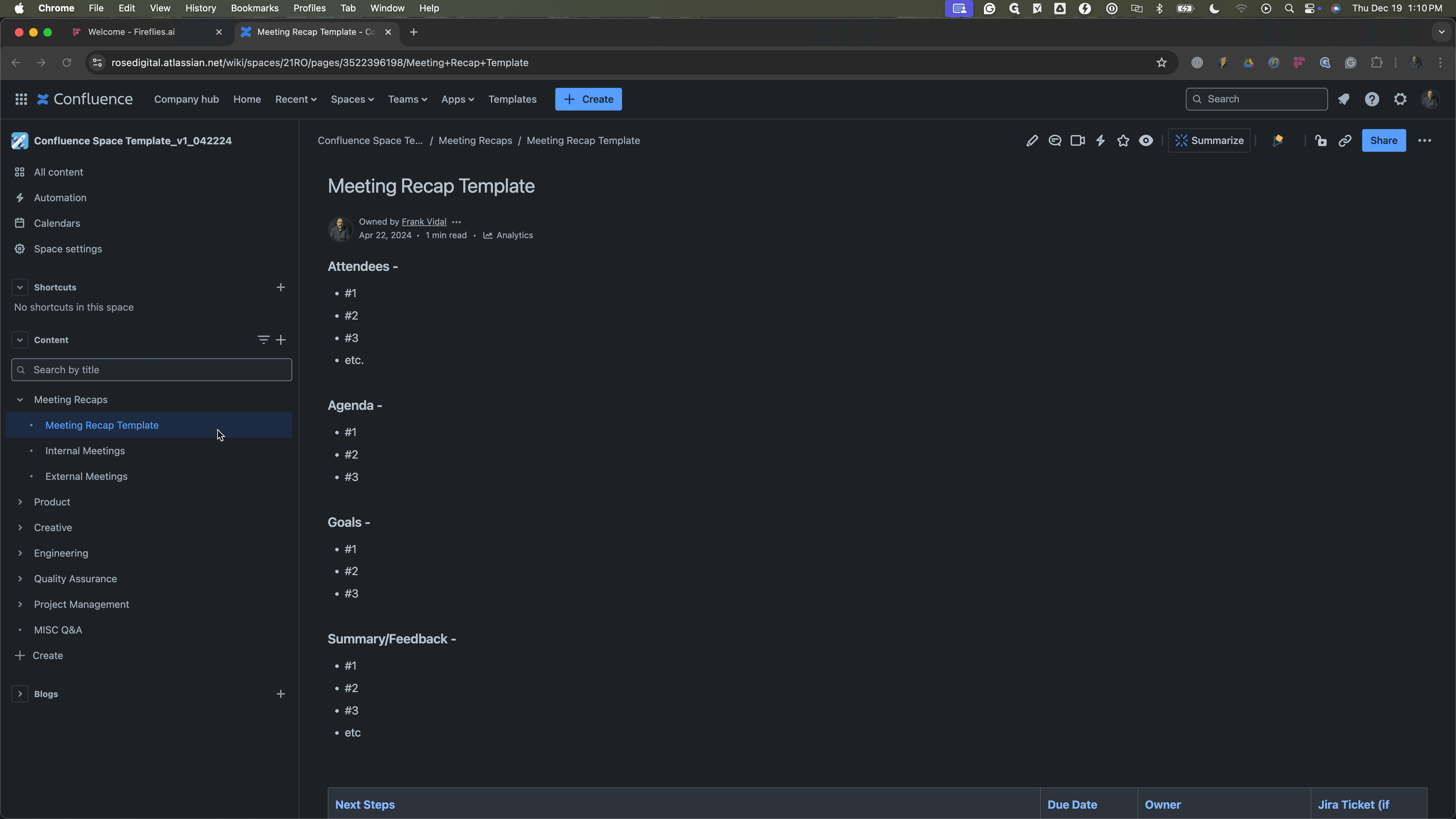 Step #1: Navigate to the meeting recap template within the Confluence space.