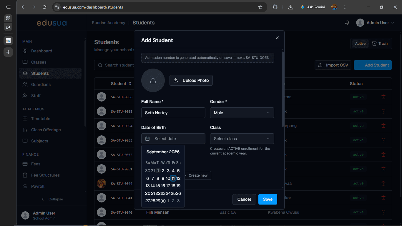 Step #4: Click to select the student's birth date from the calendar picker.