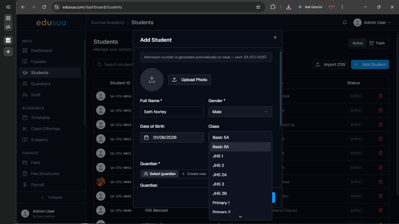 Step #6: Click the desired class option, such as Basic 6A.