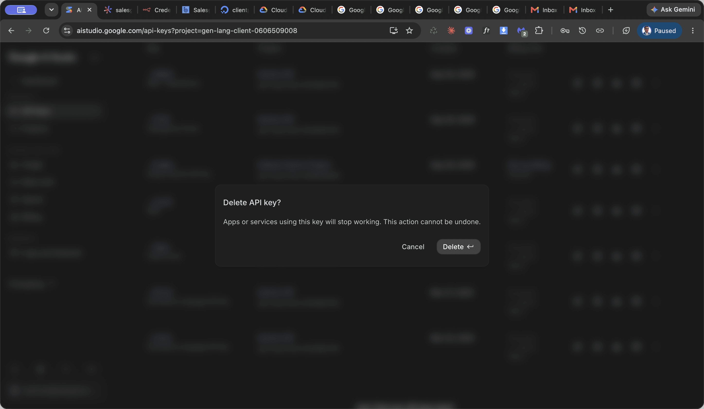 Step #4: Click Delete on the confirmation dialog to permanently revoke the old key.