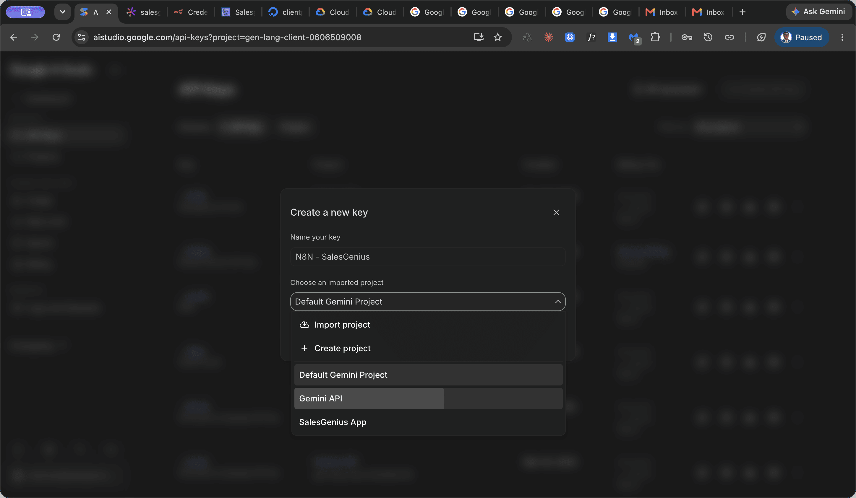 Step #4: Select the Gemini API project from the dropdown.