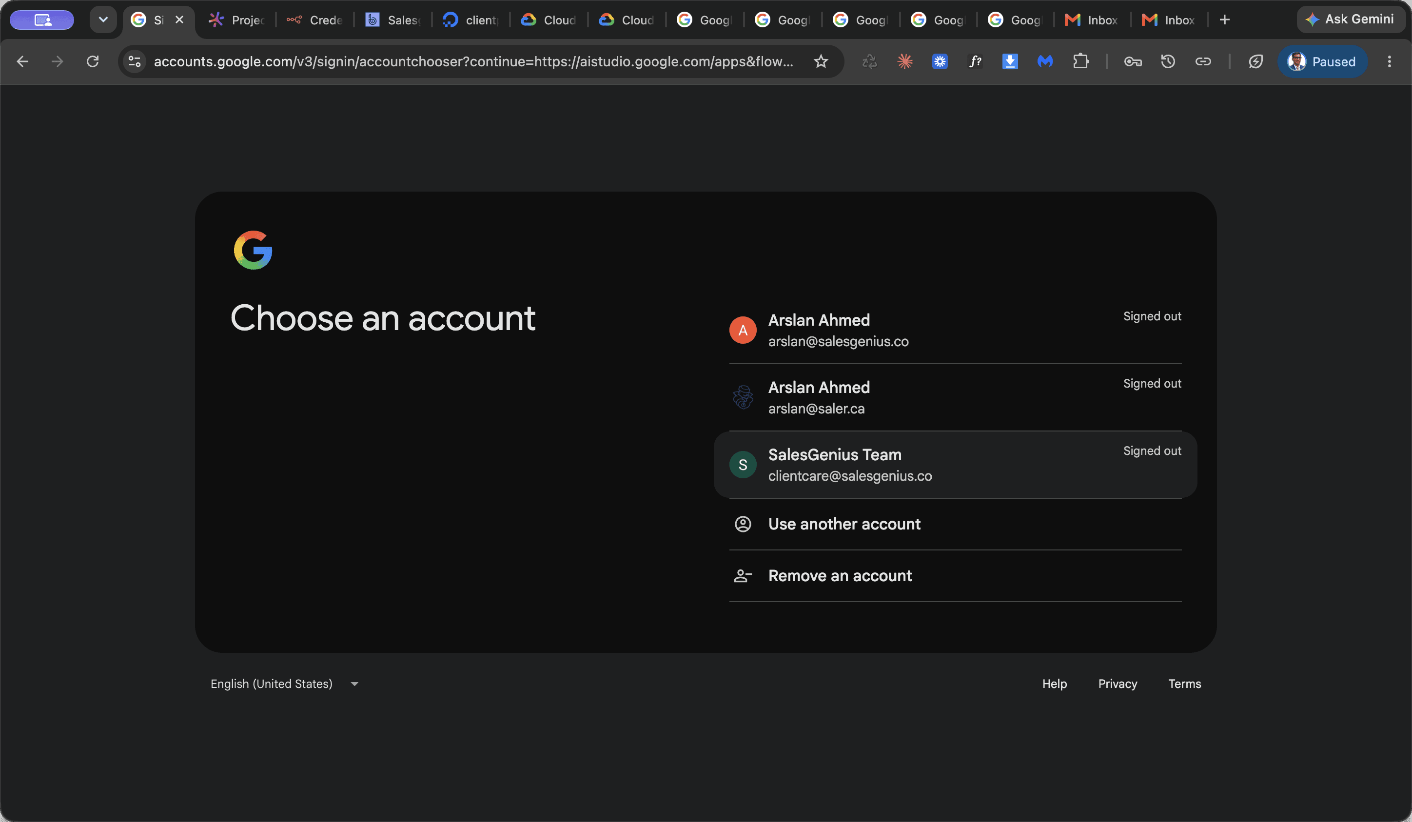 Step #2: Select the clientcare@salesgenius.co account to sign in.