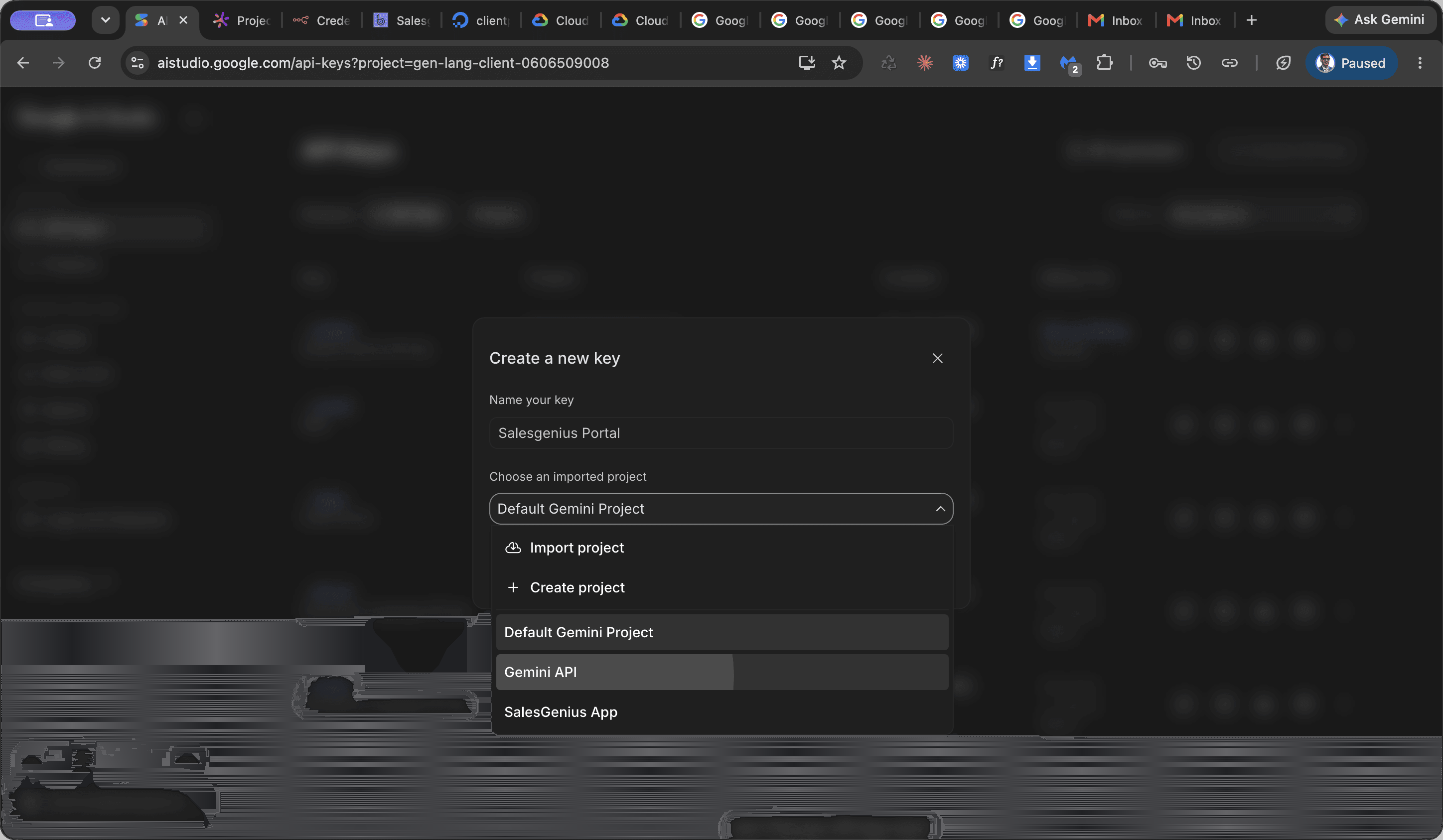 Step #7: Select the Gemini API project from the project dropdown.