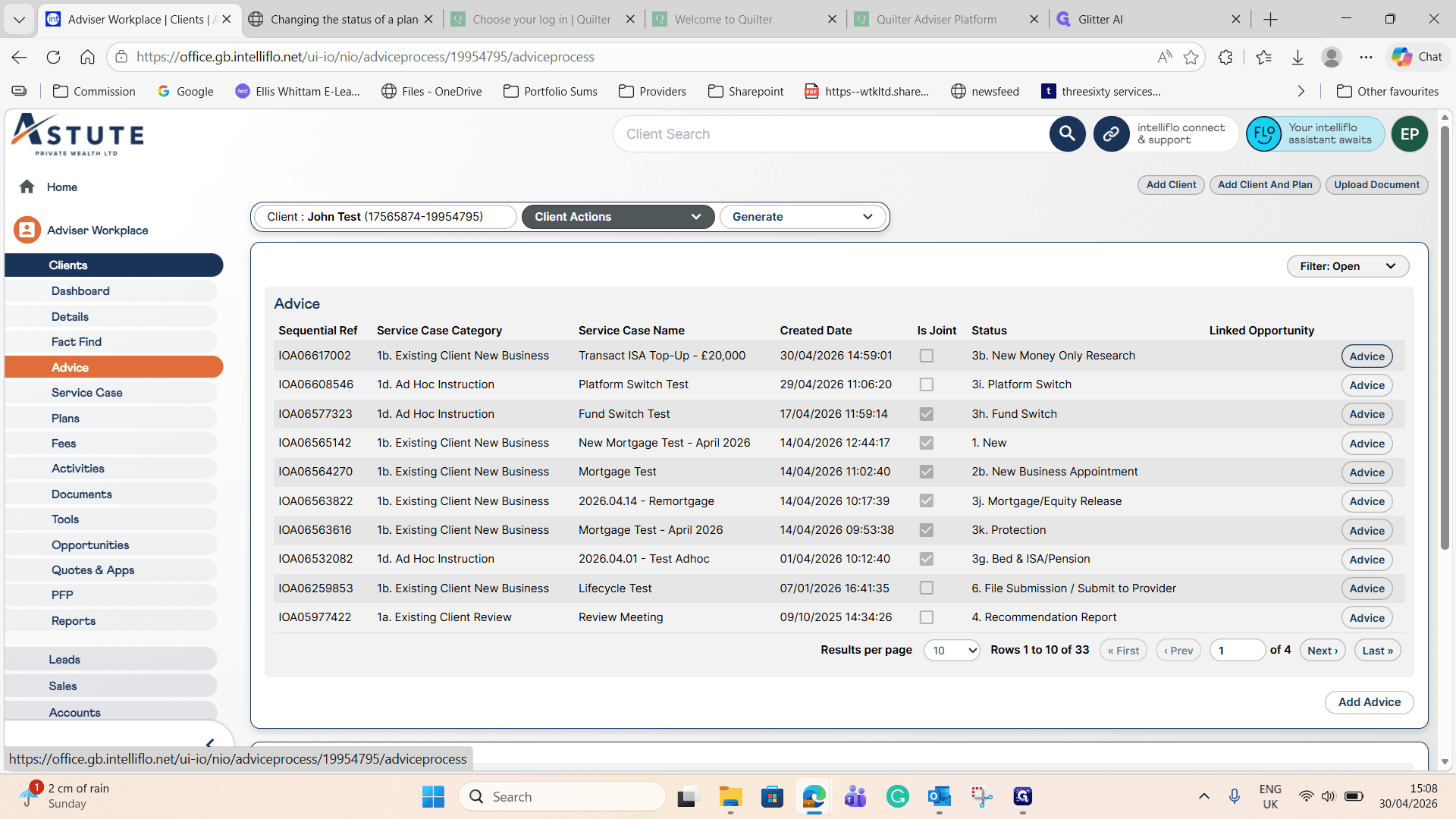 Step #2: Click Advice on the specific service case you are working on.
