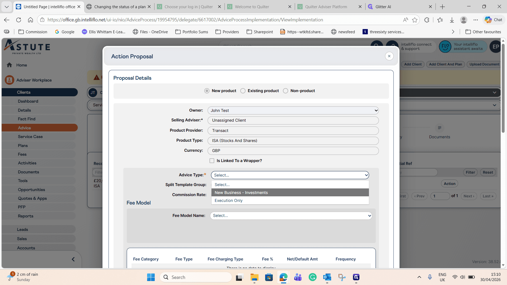 Step #22: Set the Advice Type to New Business - Investments.