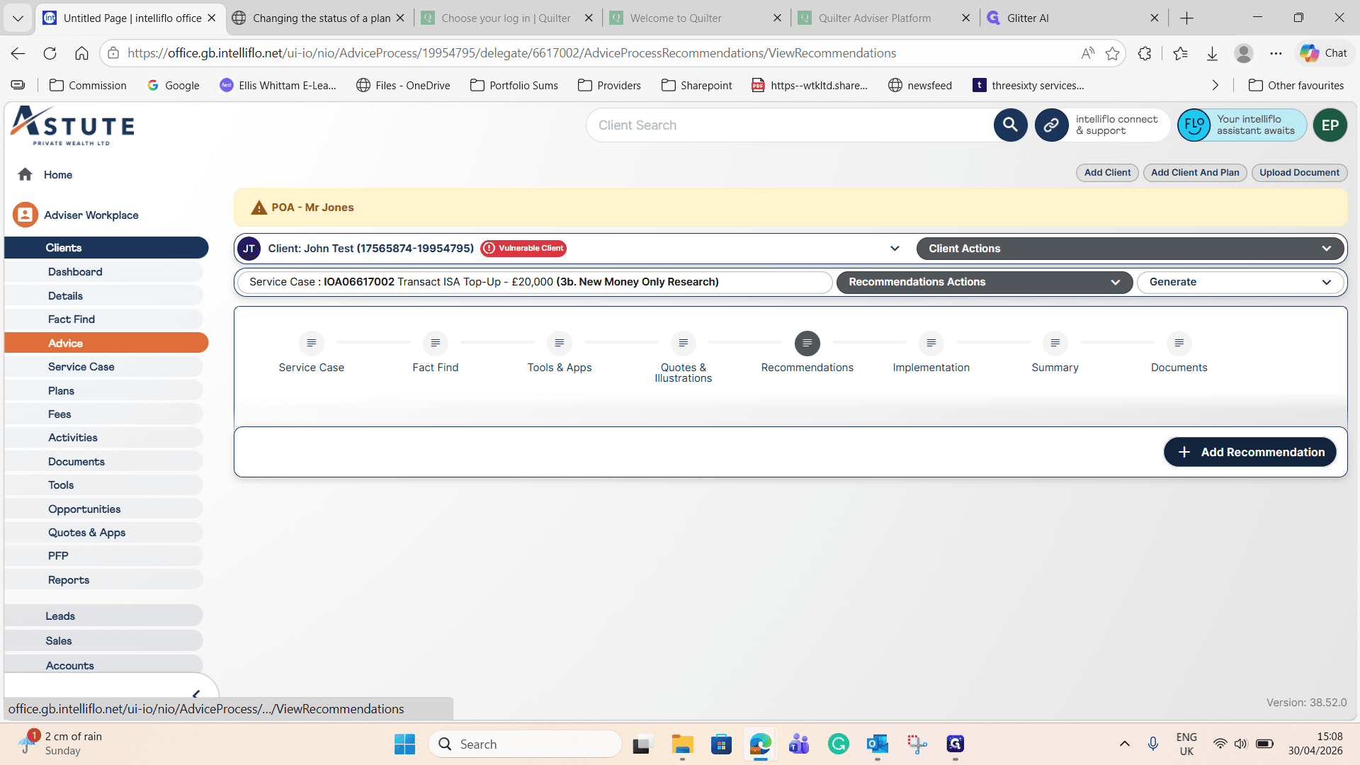 Step #4: Click + Add Recommendation to open the creation modal.