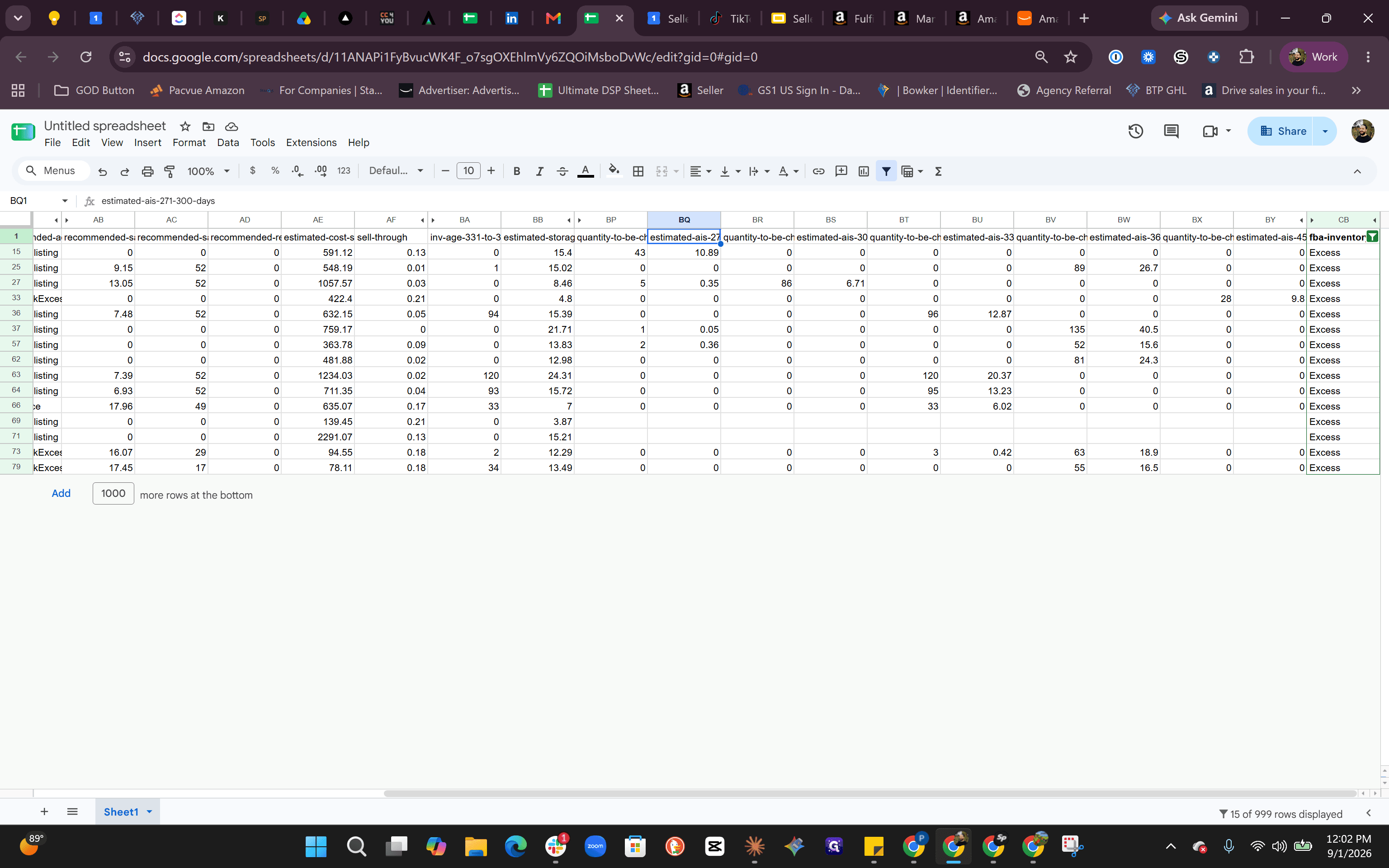 Step #6: Click header cell estimated-ais-271-300-days to review surcharges for inventory aged 271 to 300 days.