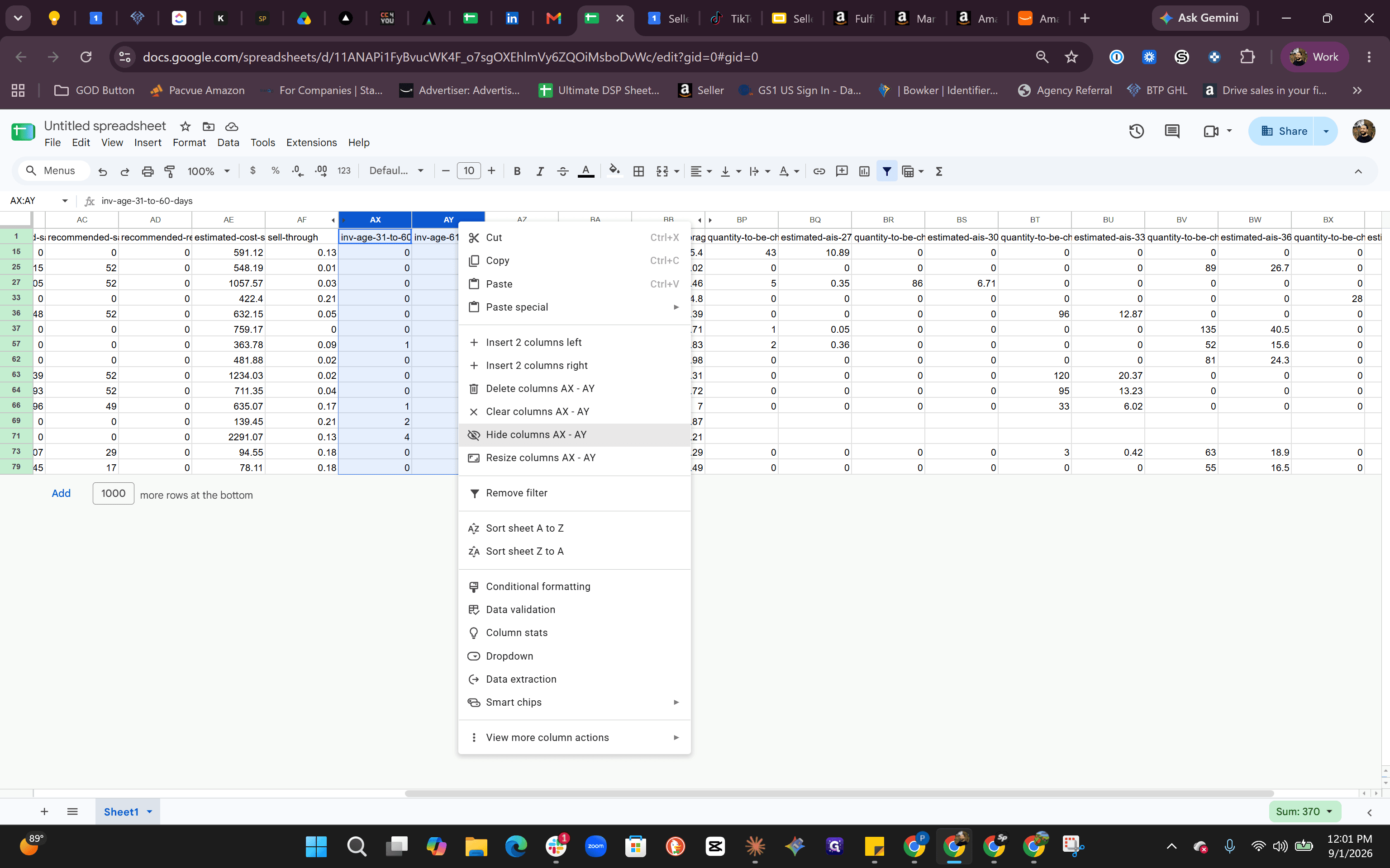 Step #5: Click Hide columns AX - AY in the context menu to hide lower-priority columns.