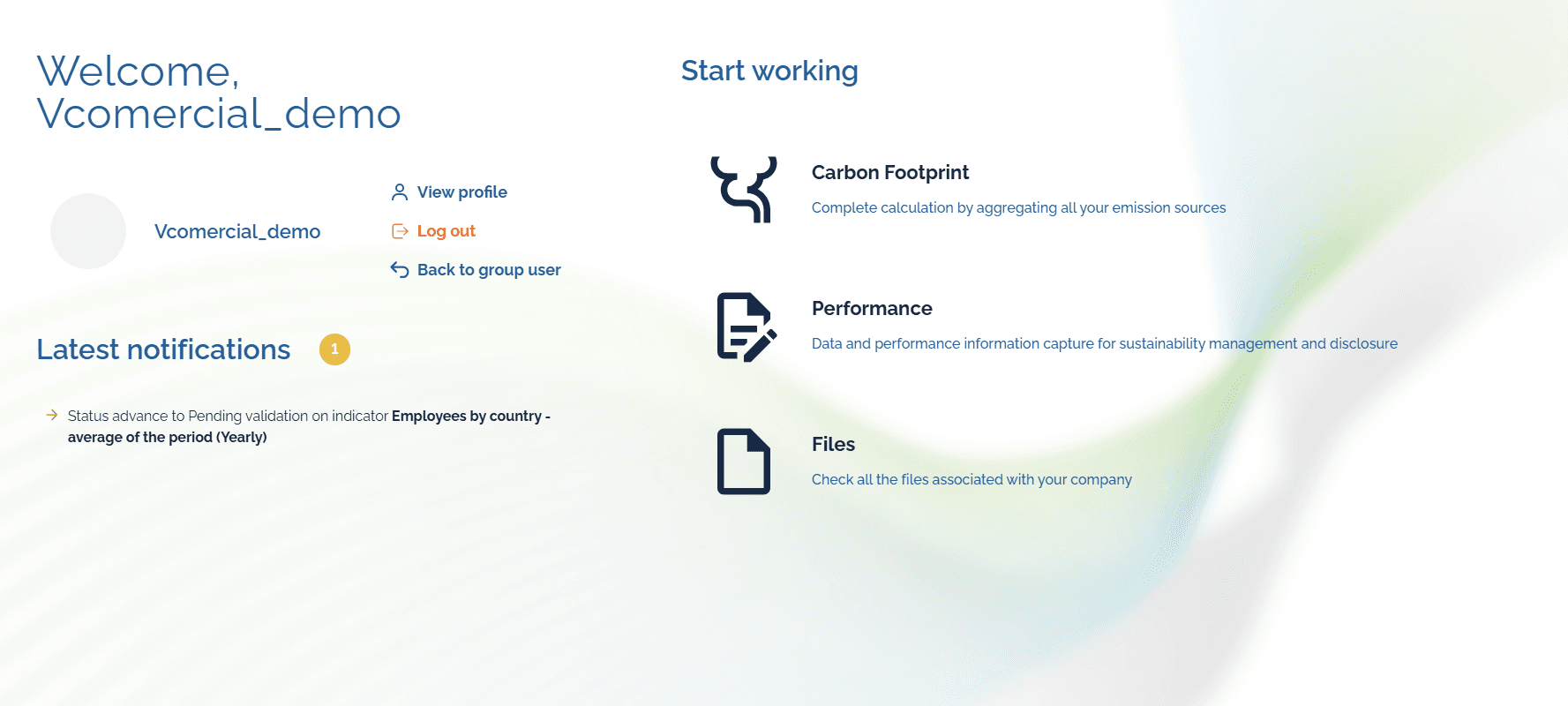 Step #3: After you log in, you will see the main work areas: Carbon Footprint, Performance and Files.