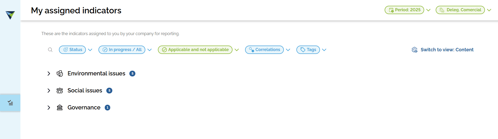 Step #2: You will see the main panel with different filters. You can filter by what you need, for example by period. You can also filter by indicator status, tags, indicator progress, and more.