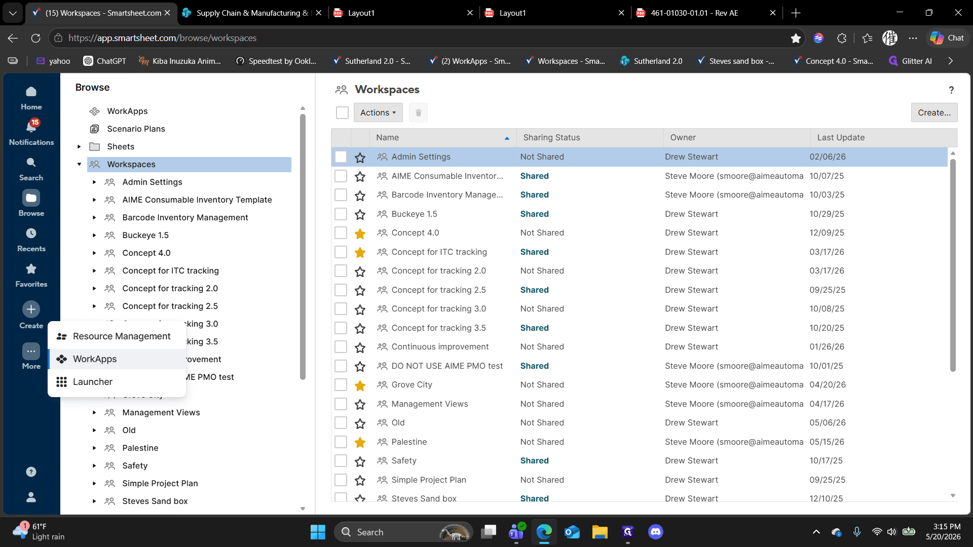 Step #9: In Smartsheet, click the More menu (three dots) on the left sidebar and select WorkApps.
