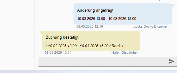 Step #18: Im Chatbereich können Sie den Verlauf der Kommunikation mit dem Hafen verfolgen. Sobald der Hafen die Änderung bestätigt oder abgelehnt hat, werden Sie benachrichtigt.