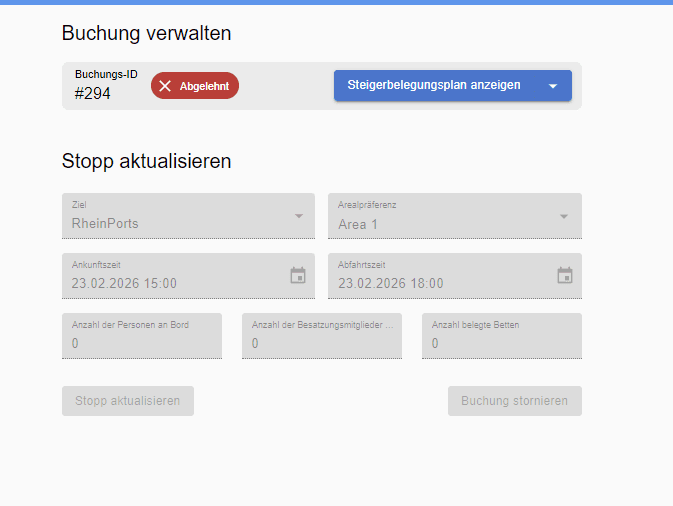 Step #14: Die Buchung erhält den Status "Abgelehnt" und kann nicht mehr bearbeitet werden.