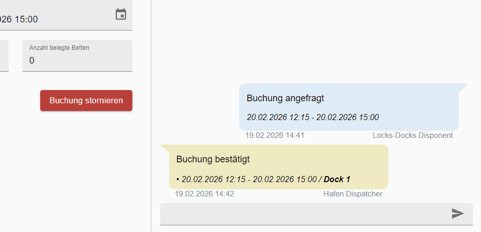 Step #12: Sobald der Hafen eine Rückmeldung sendet, werden Sie benachrichtigt. Der Status des Stopps ändert sich entsprechend, und die Rückmeldung des Hafens wird im Chatbereich angezeigt. Wenn der Hafen Ihre Buchung bestätigt, sehen Sie im Chat das zugewiesene Dock.