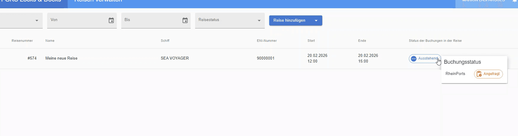 Step #11: In der Liste aller Reisen lässt sich jetzt der Buchungsstatus des Stopps durch Darüberfahren mit der Maus abrufen.