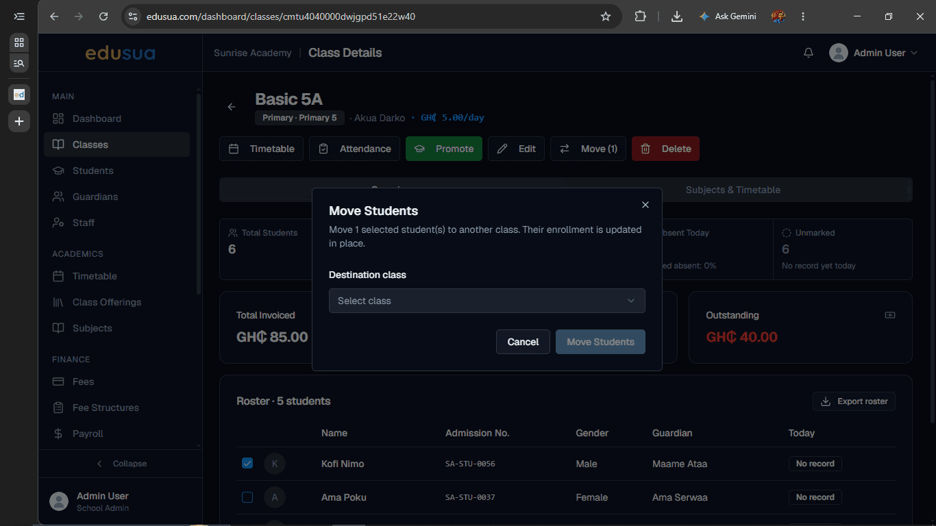 Step #5: Click the Select class dropdown field under Destination class.