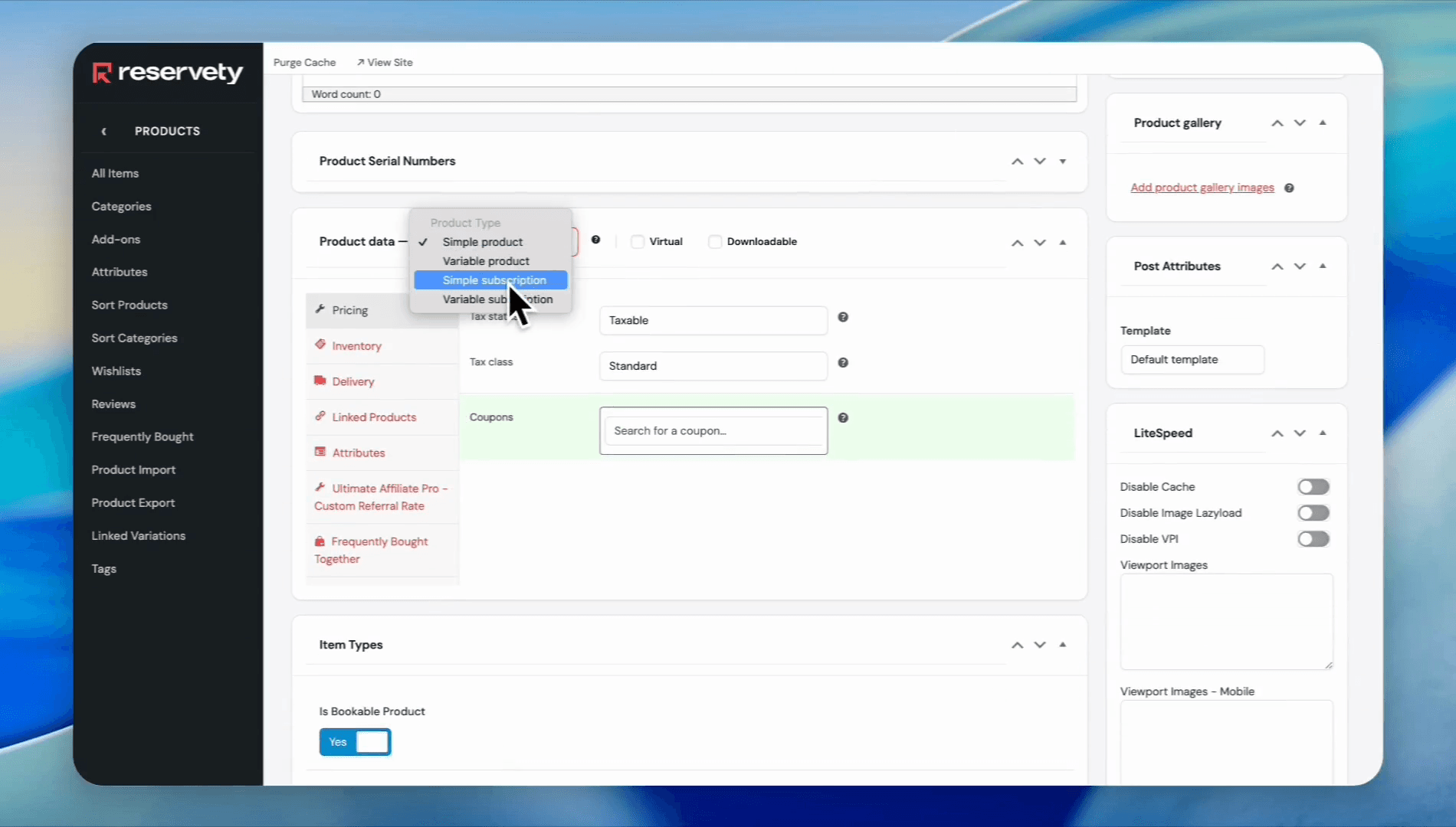 Step #12: In the Product data section, change the product type to Simple subscription.