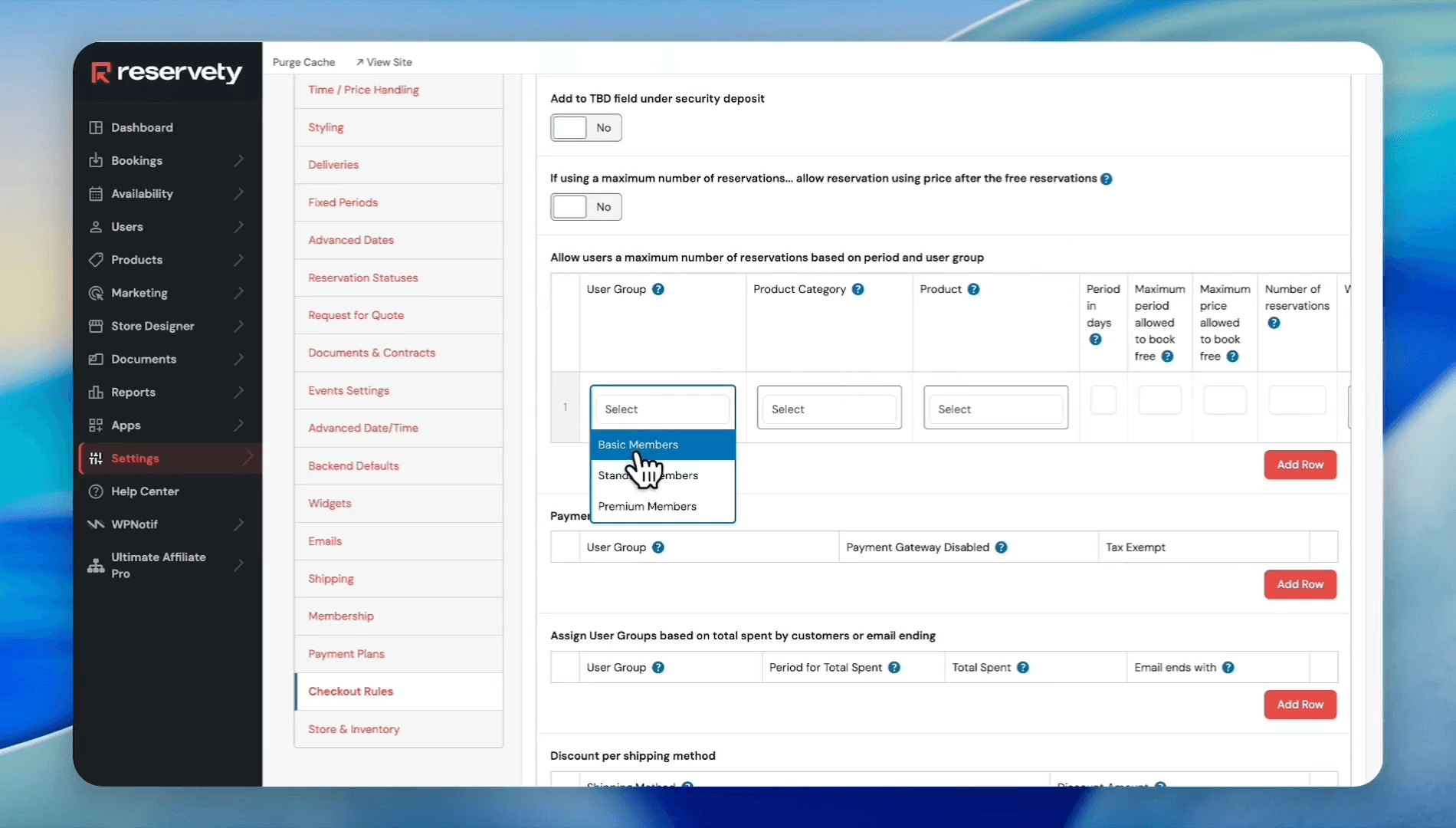 Step #19: In the rules section, find the section that says: "Allow users a maximum number of reservations based on period and user group". click Add Row, then select your target group from the User Group dropdown.