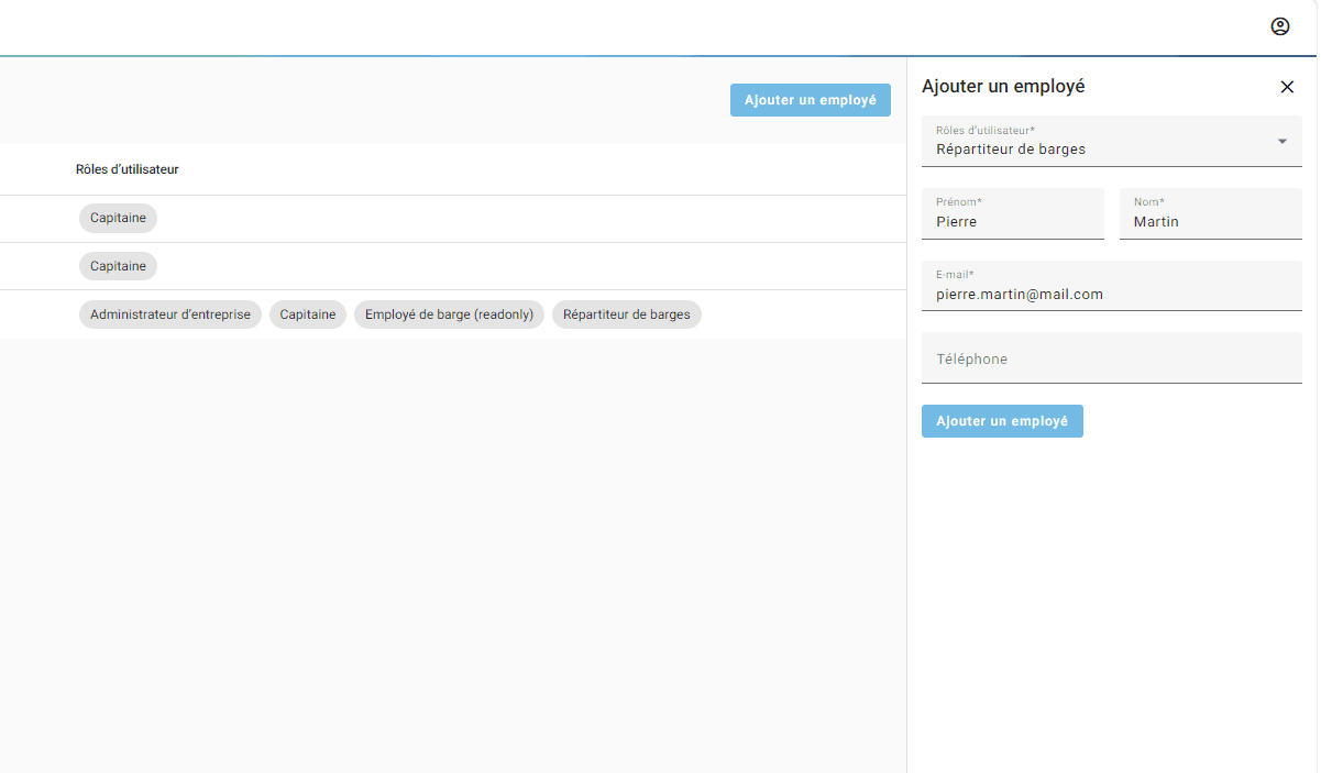 Step #5: Entrez le prénom et le nom de l'employé ainsi que son adresse email, puis cliquez sur "Ajouter un employé".