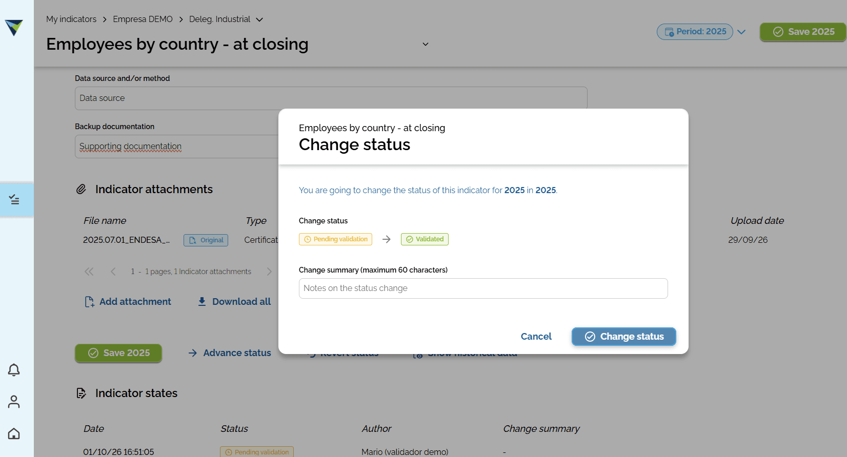 Step #8: A window will appear showing the status change. If you want, you can add a note in the "Change summary" field. Then click "Status change" to continue.