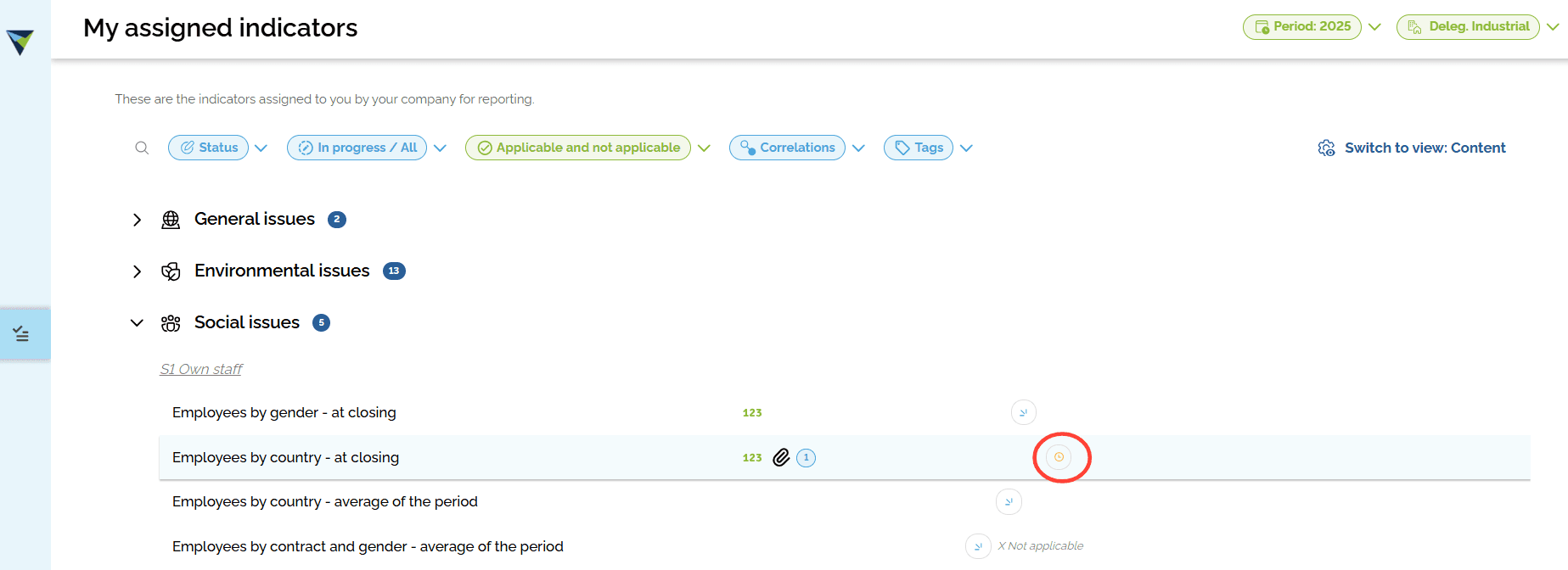 Step #4: From the list of assigned indicators, select the one you want to validate. It will have the status "Pending validation". This means the data has already been entered and the indicator is ready to be validated.