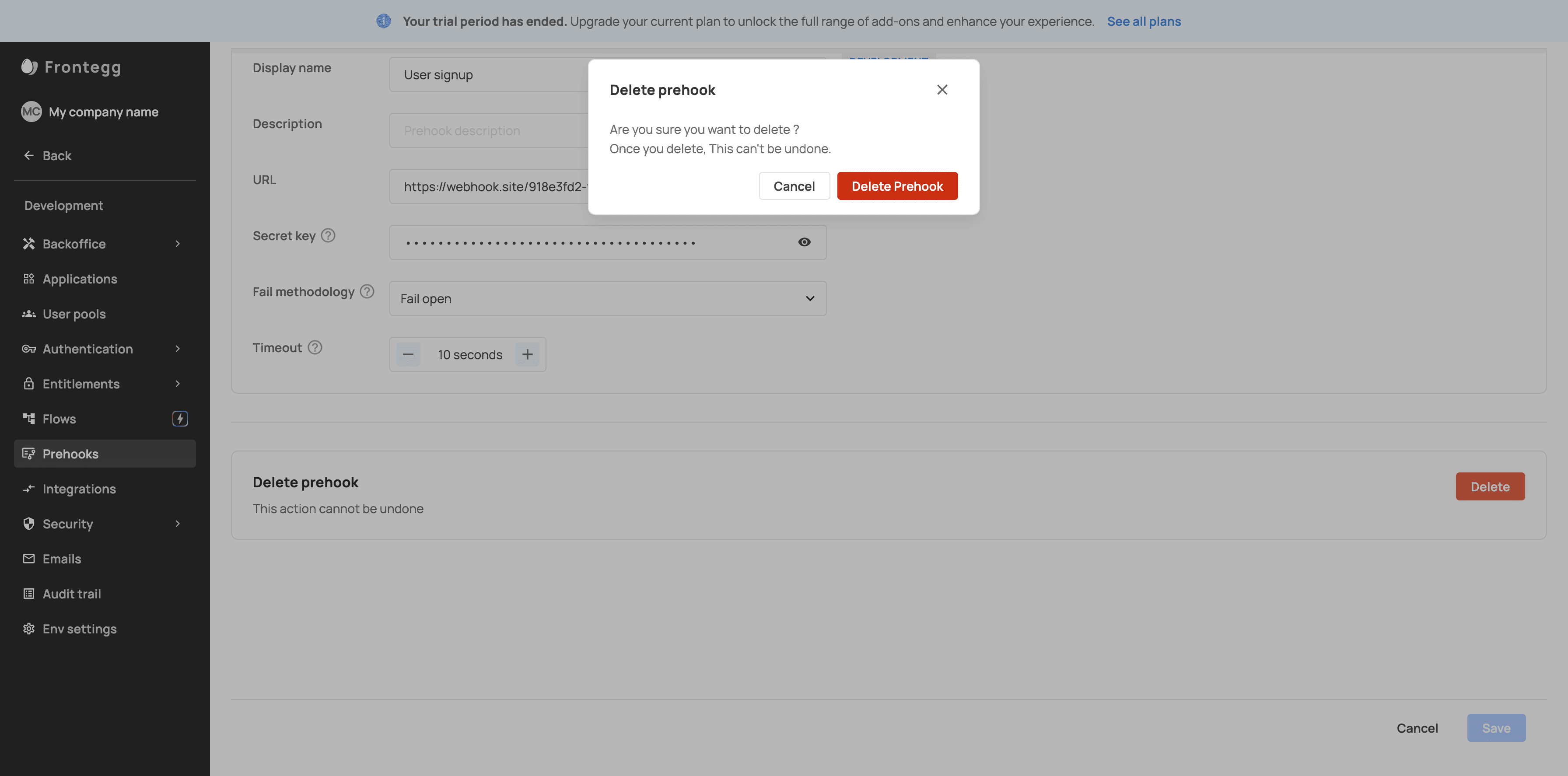 Step #20: Click on "Delete Prehook"