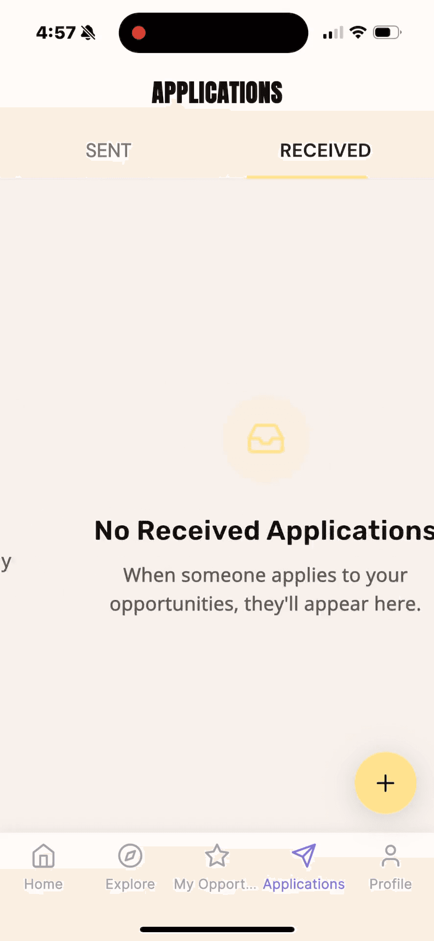 Step #24: When your opportunity is live, tap the Received tab under Applications to evaluate inbound partnership requests.
