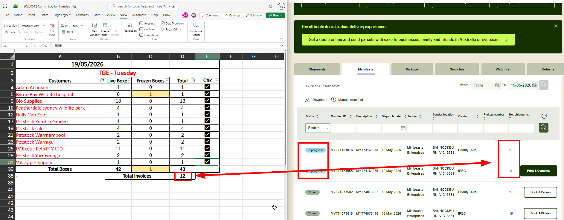 Step #24: To ensure all clients have been added and ready for print: Total invoices, and No. Shipments should be equal. (One exception to this, is if a client has boxes in both Priority & IPEC).
