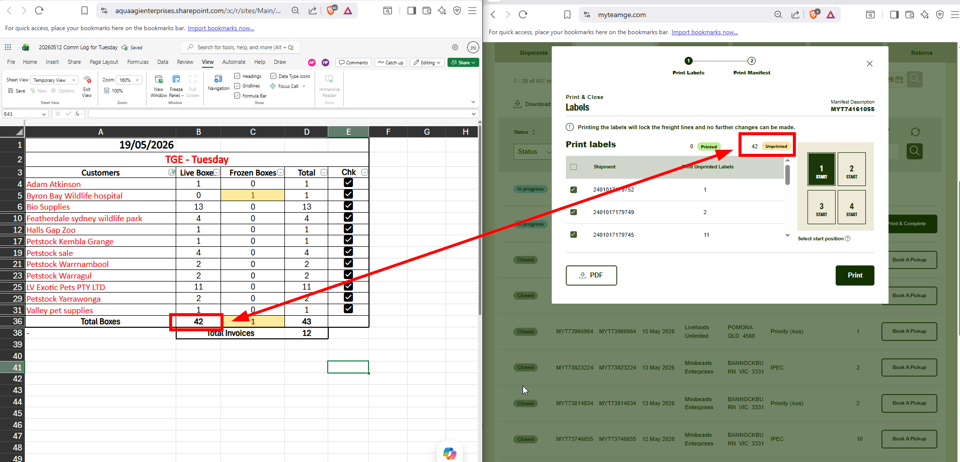 Step #25: To ensure all boxes have been booked in:Total Boxes (Live For IPEC), and Total Labels should be equal.