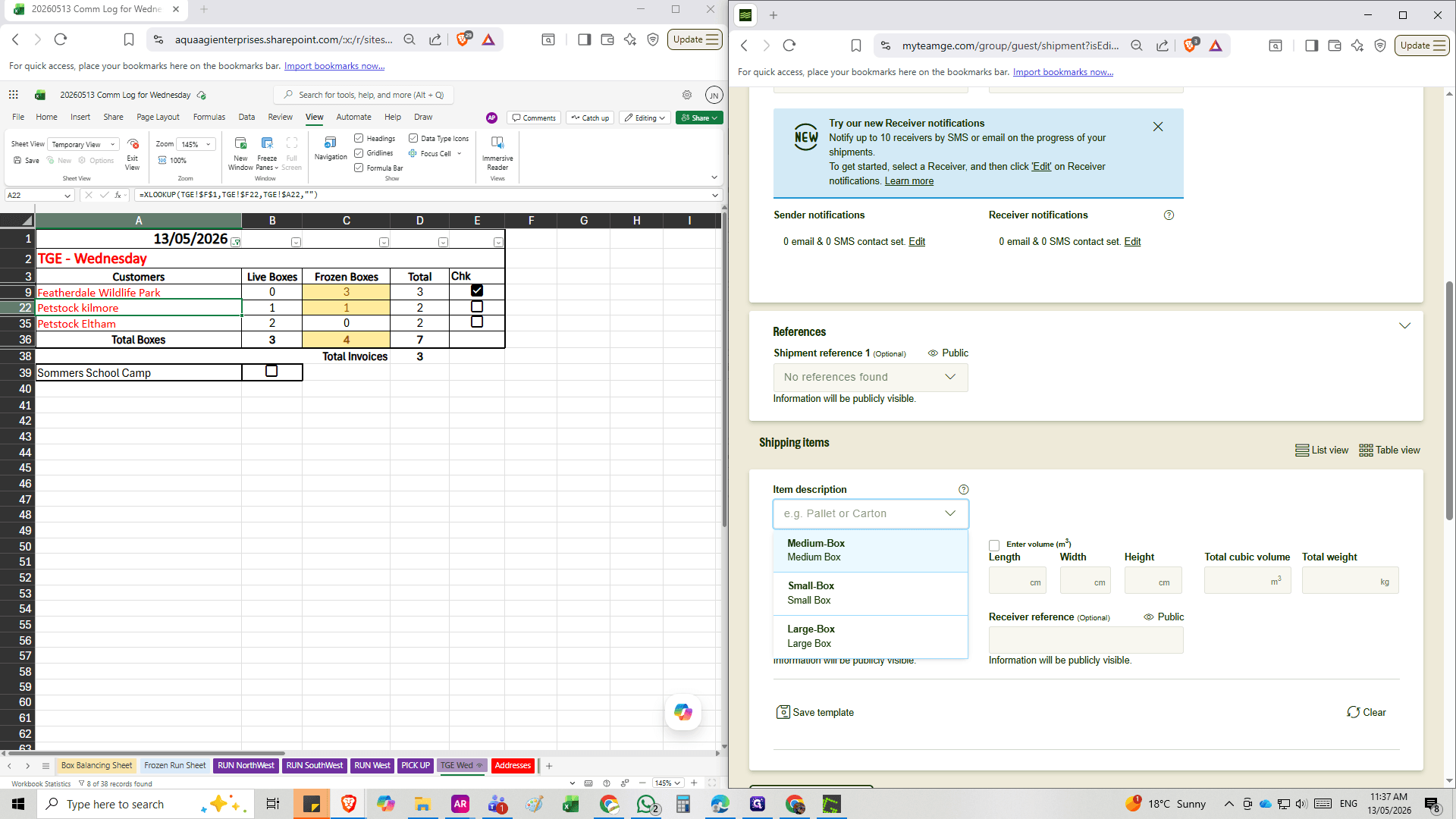 Step #8: Click the Item description dropdown to select the box size, (Live is always Medium Box regardless of size).