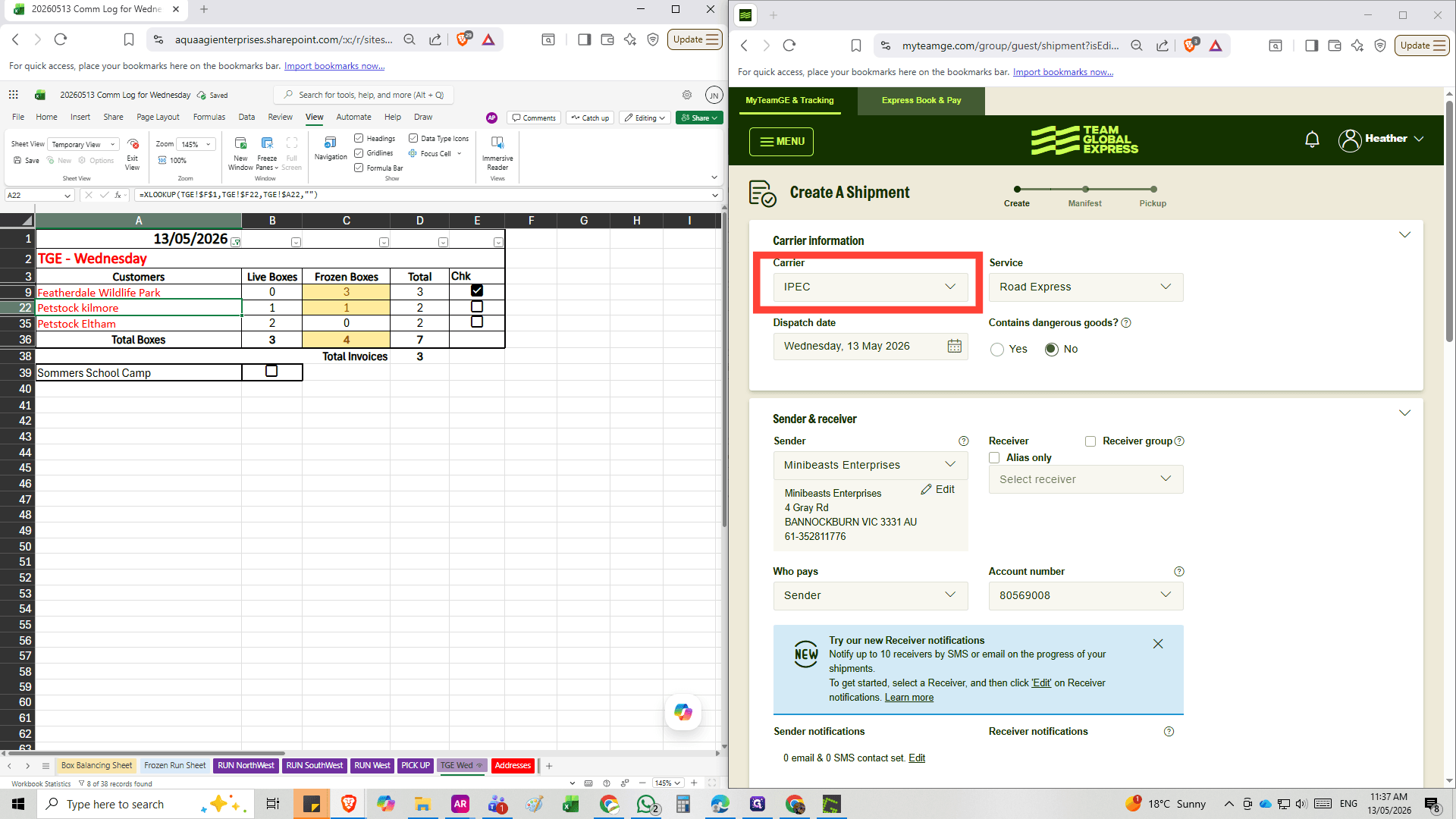 Step #5: Ensure Carrier is correctly assigned (IPEC is standard freight, Prioirty AUS is Frozen/Overnight freight)Click the Select receiver dropdown to search for the destination.