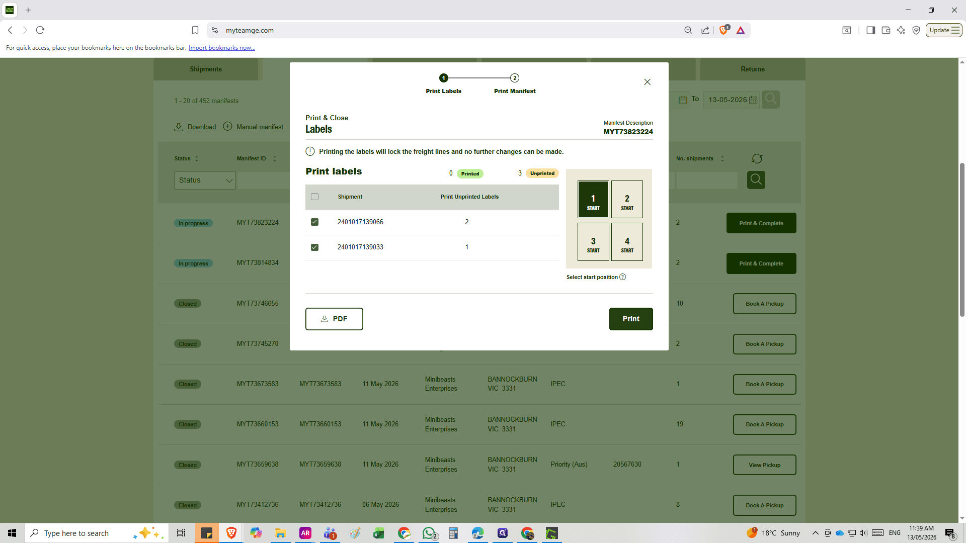 Step #21: In the confirmation modal, click Print to download or open the official manifest document.