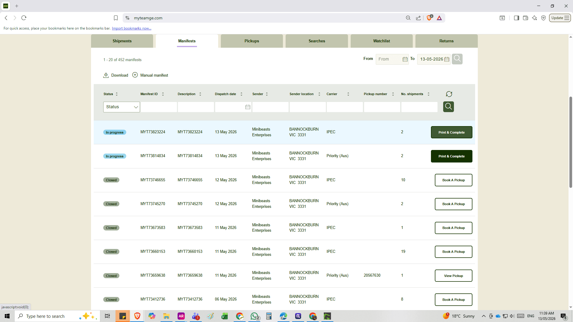 Step #20: Locate the manifest designated as "In progress" and click Print & Complete. (If there are both IPEC and Priority Aus deliveries, you will need to do this for each of them).