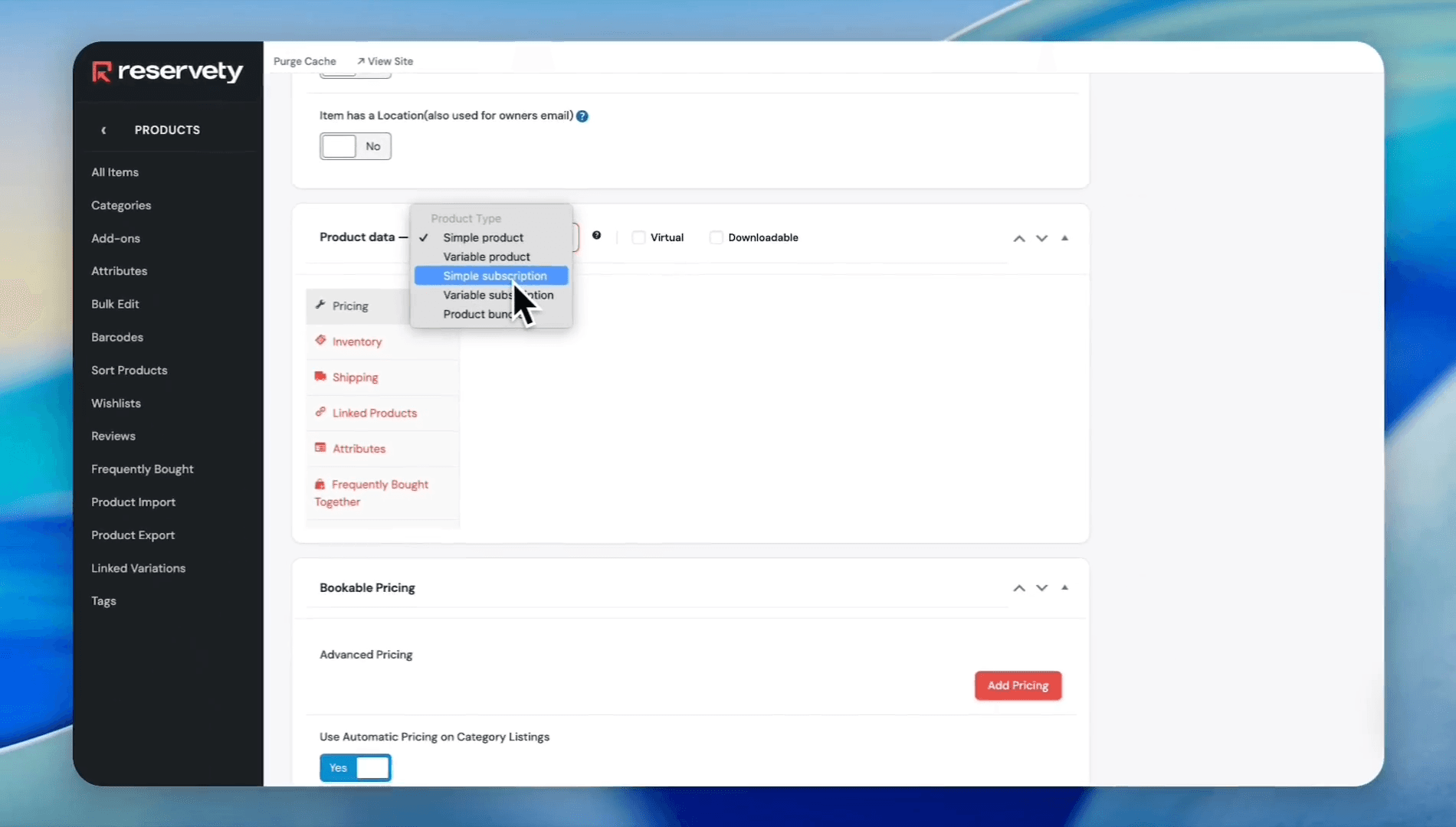 Step #14: In the Product Data section, select Simple subscription from the dropdown menu