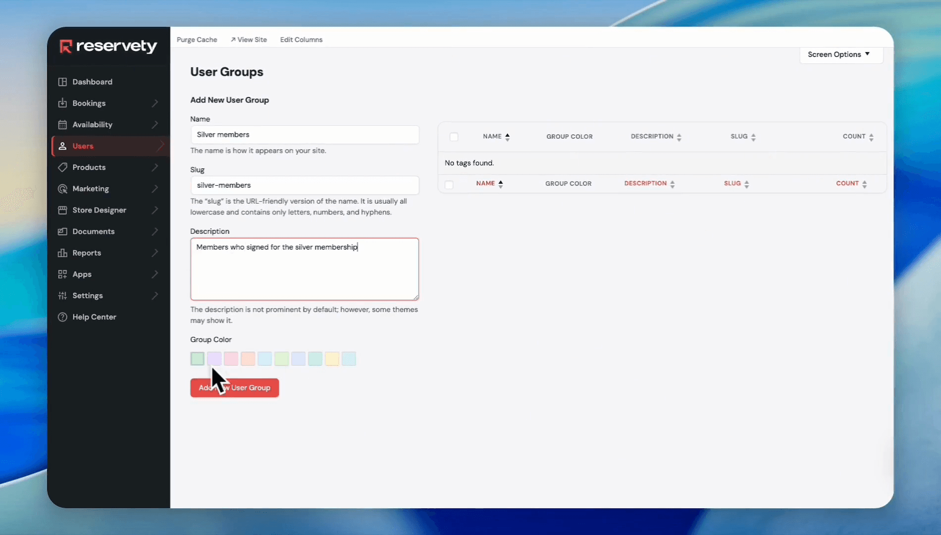 Step #4: Enter a group name (e.g., Silver Members), a slug, and a brief description. Select a color for the user group, then click Add New User Group