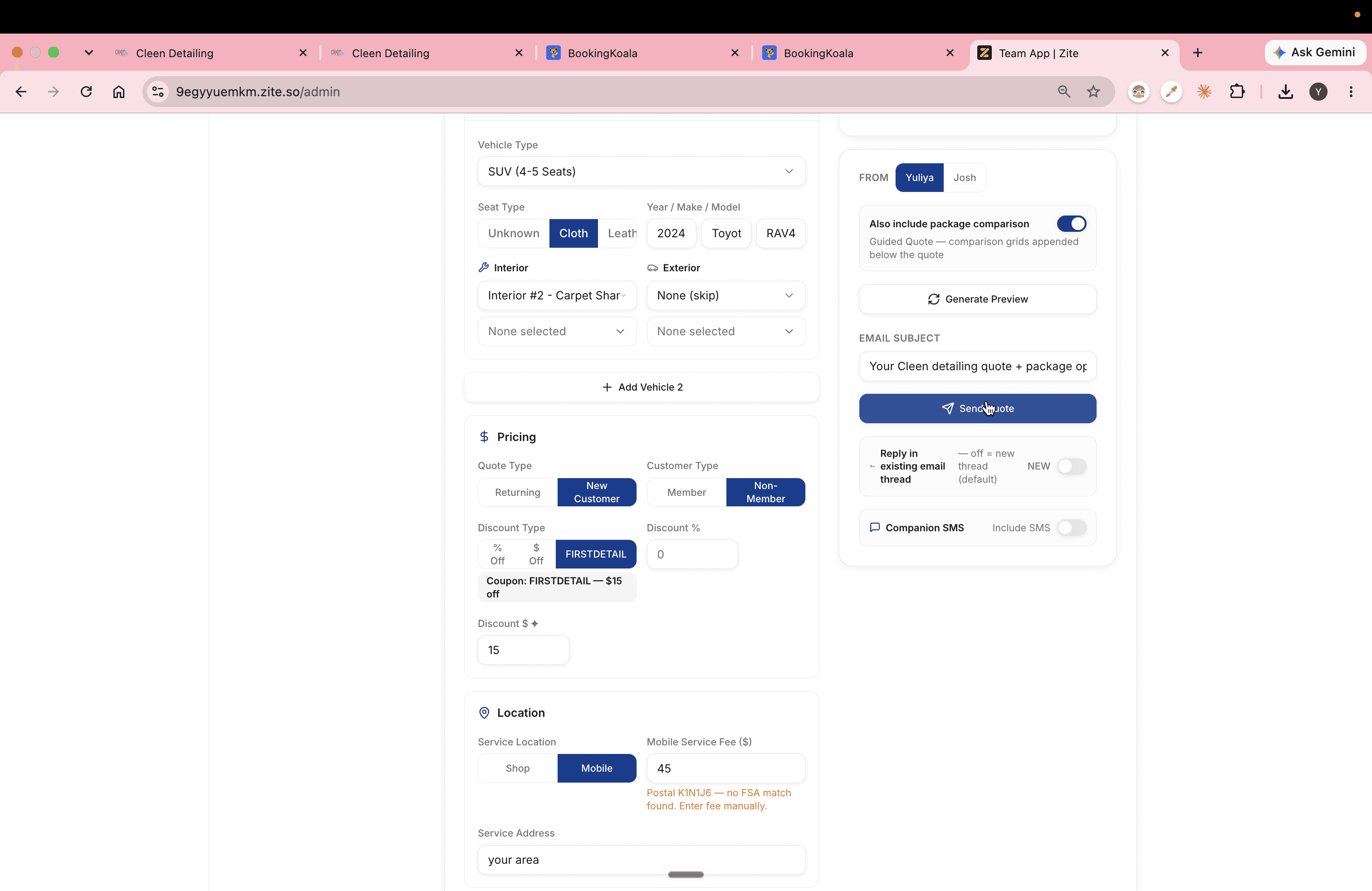 Step #13: Click Send Quote to dispatch the quote email to the customer.